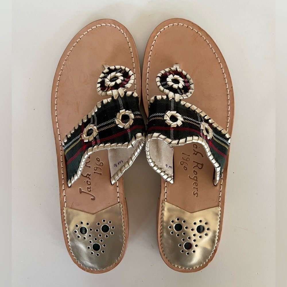 Jack Rogers 1960 Handmade Leather Green Tartan Gold Trim Plaid Flat Sandals, 9M - Picture 2 of 8